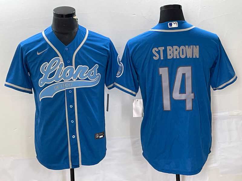 Men%27s Detroit Lions #14 Amon Ra St Brown Blue With Patch Cool Base Stitched Baseball Jersey->denver broncos->NFL Jersey